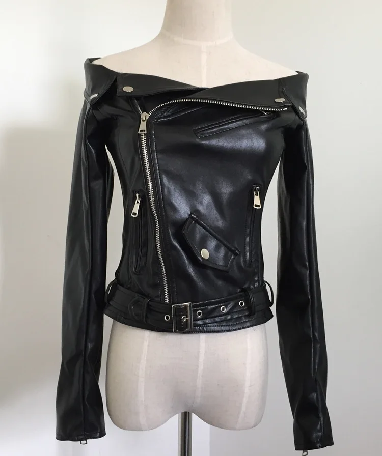 real leather joker New show thin black women s clothing of fund of autumn winters is a word shoulder high waist locomotive