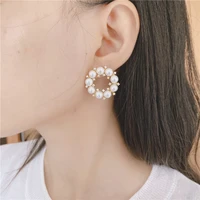 natural freshwater white cpearl gold color plated stud round cz earrings for women girls gift