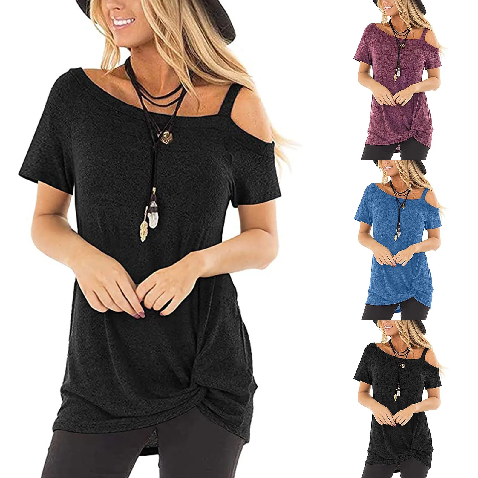 

Fashion Solid Knot T-Shirt Casual Loose Off Shoulder Tee Tops Casual Summer Ladies Female Women Short Sleeve Blusas Pullovers