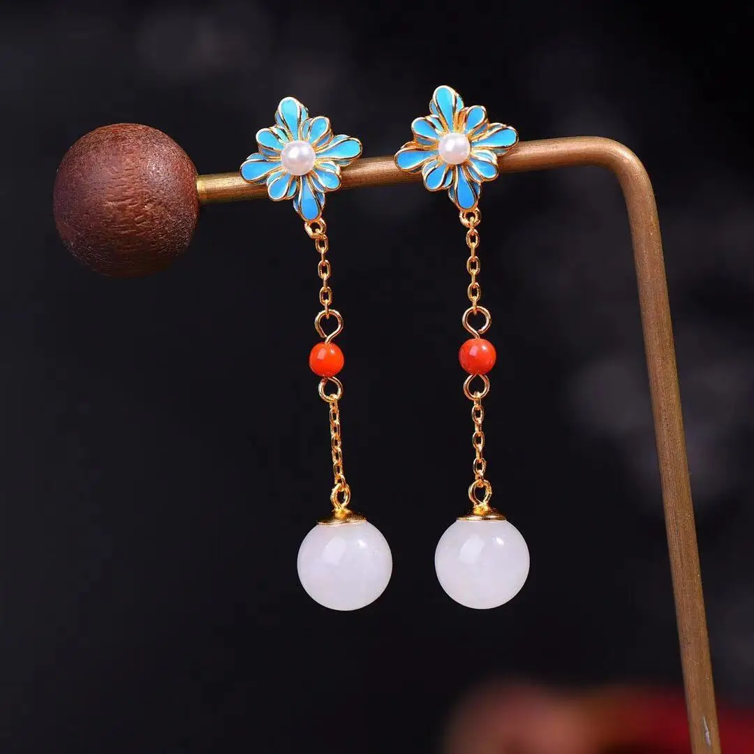 

Natural 925 inlaid Hetian jade enamel earrings