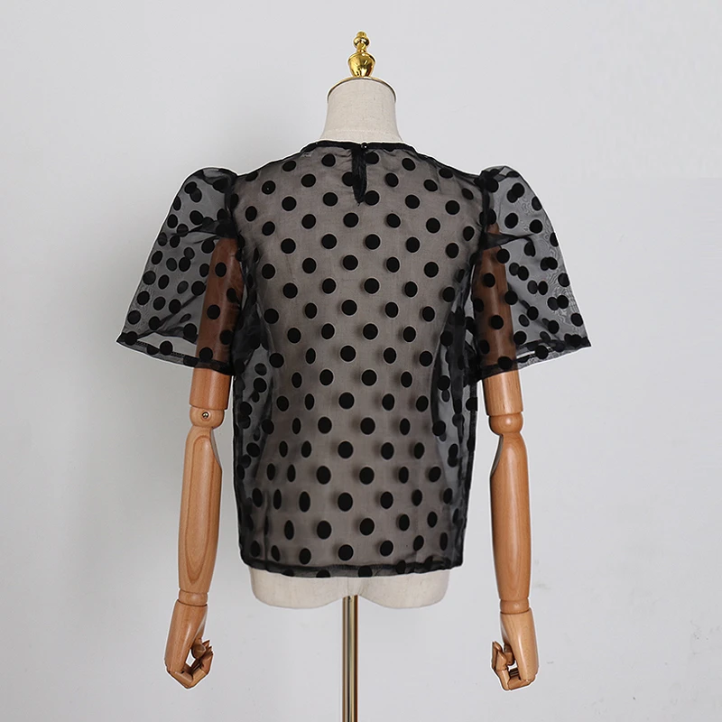 TWOTWINSTYLE Polka Dot Perspective Shirt For Women O Neck Short Sleeve Chiffon Hollow Out Shirts Female 2020 Spring Fashion New | Женская