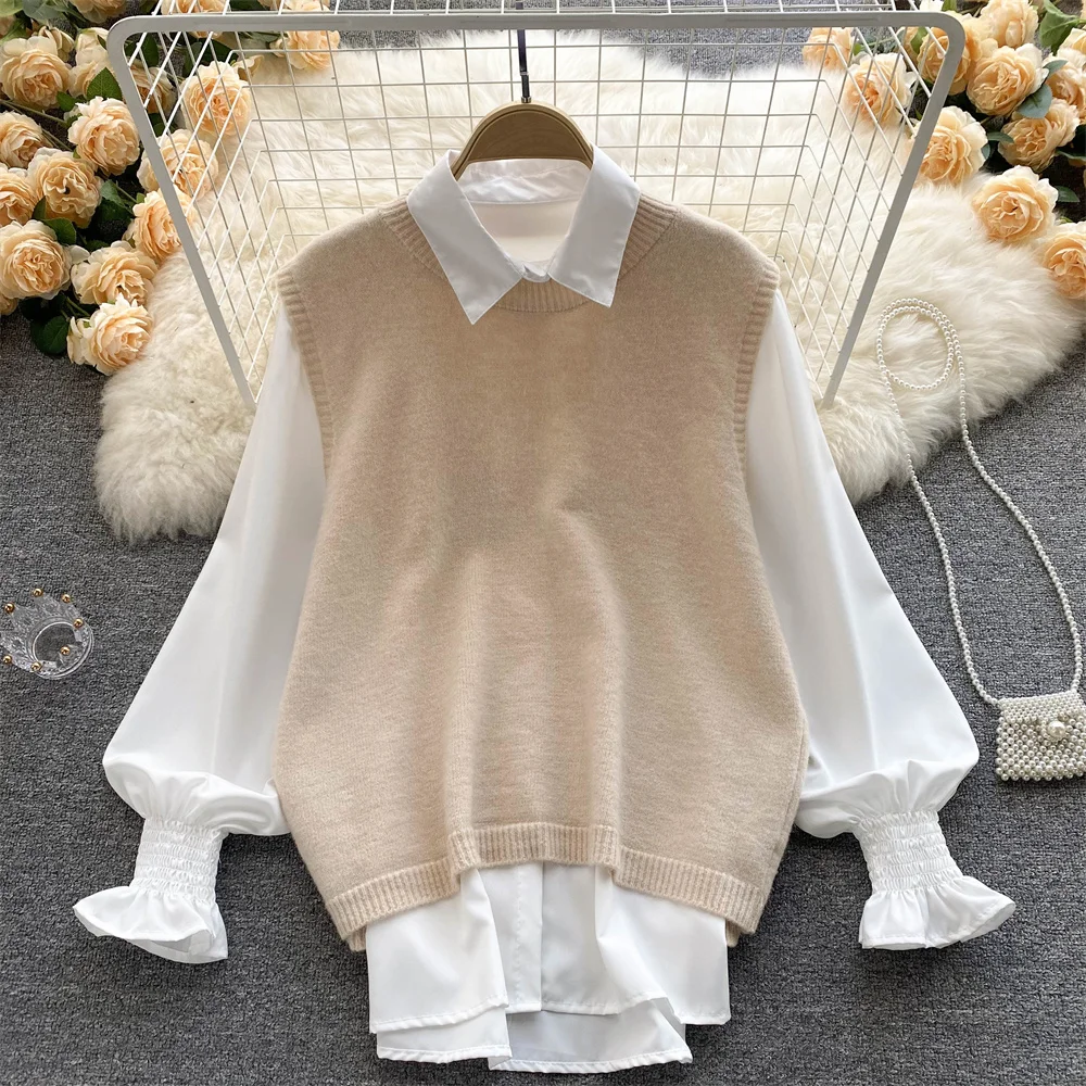 

WomenKnitted Jacket Women Autumn/winter 2021 New Design Sense Outer Sweater White Shirt Two-piece Suit D0252