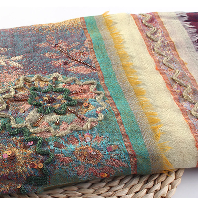 

Young Lady High Quality Shawls Embroidery Ultra Long Squins Pashmina Wool Blend Handmade Cachecol Feminino Oversize Echarpes