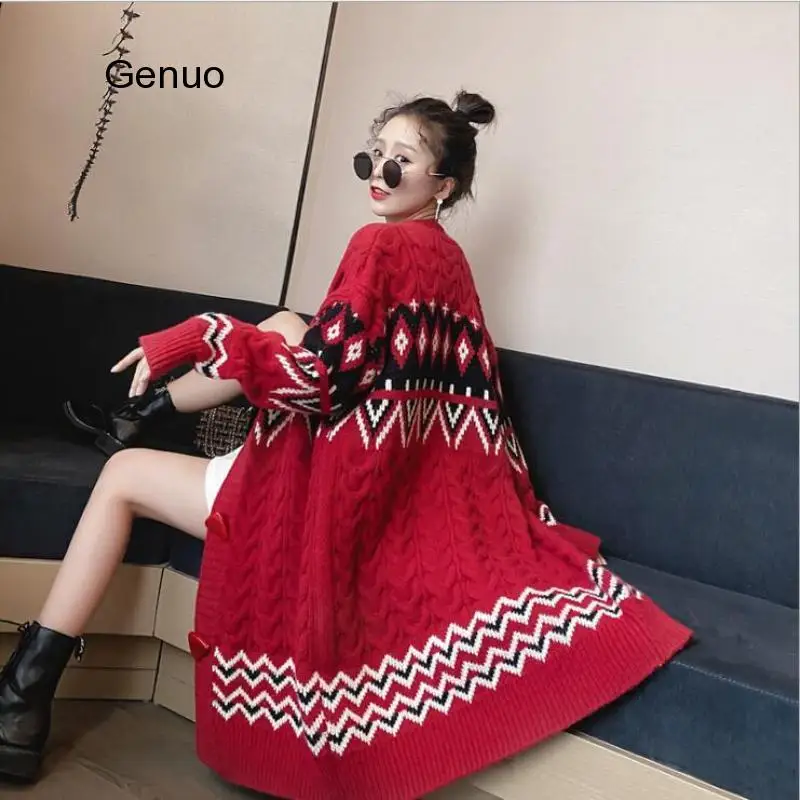 

Red Sweater Cardigan Women's Loose-Fit Laziness Spring Clothing 2020 New Korean-style Diamond-shaped Network Knitted Coat