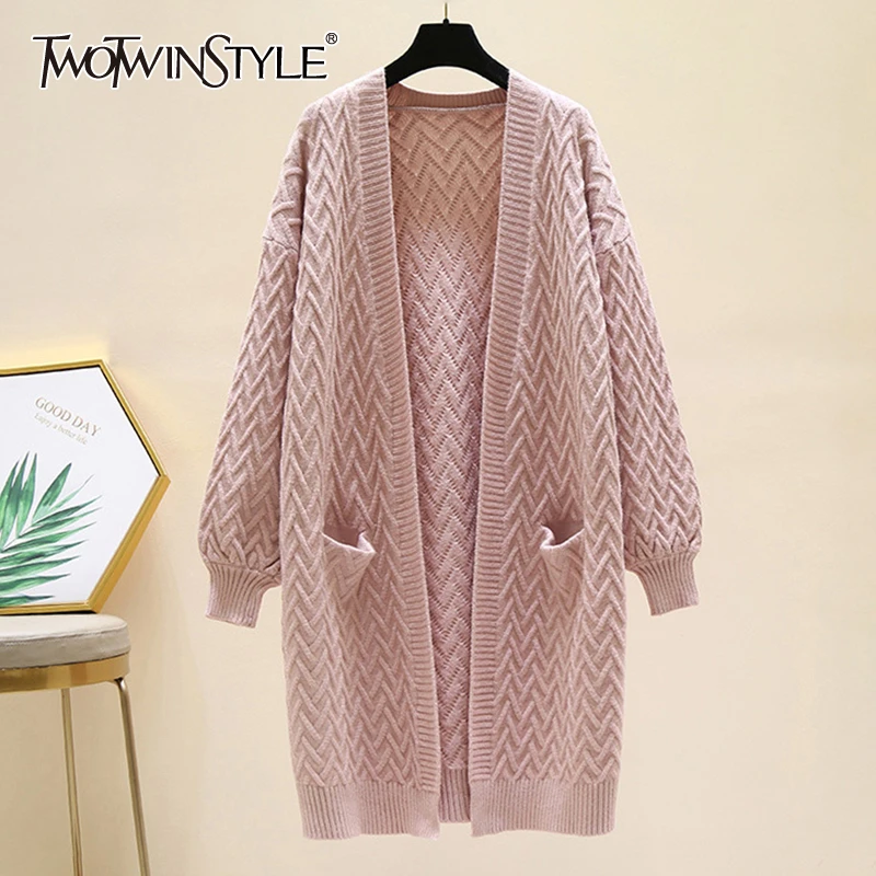 Женский вязаный кардиган TWOTWINSTYLE осенне-зимний свитер с длинным рукавом фонарик |