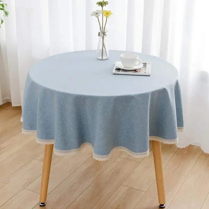 Круглая скатерть с кружевом однотонная из хлопка и льна