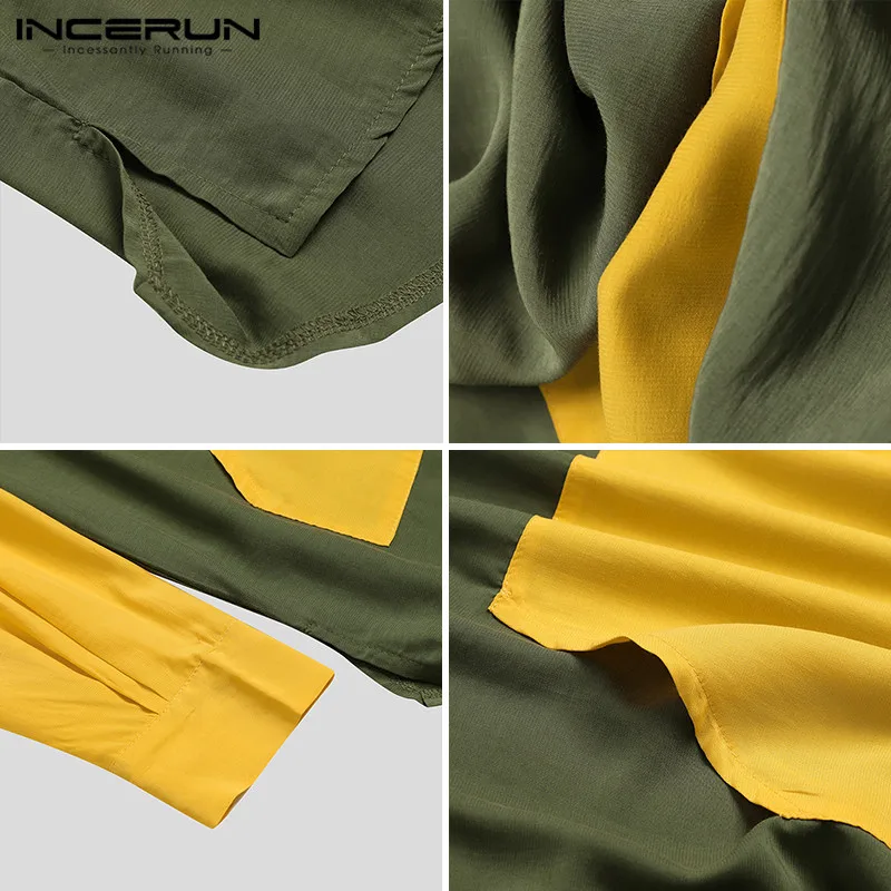 

Men Shirts Patchwork Elegant Social Camisa INCERUN Man Long Sleeve V Neck Vintage Chemise Autumn Man Leisure Pcokets Blusas 3XL7