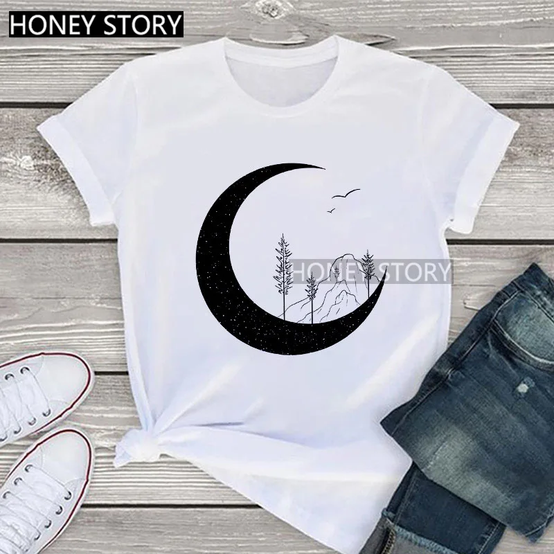 

Harajuku Moon Mountain Print T-shirt Women Summer Casual Short Sleeve White Tee Shirt Aesthetic Graphic Lady Tops Unisex Tshirt