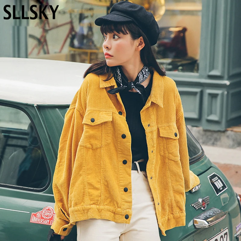 Sllsky Новинка 2021 Женская куртка-бомбер с карманами хлопковая Вельветовая куртка