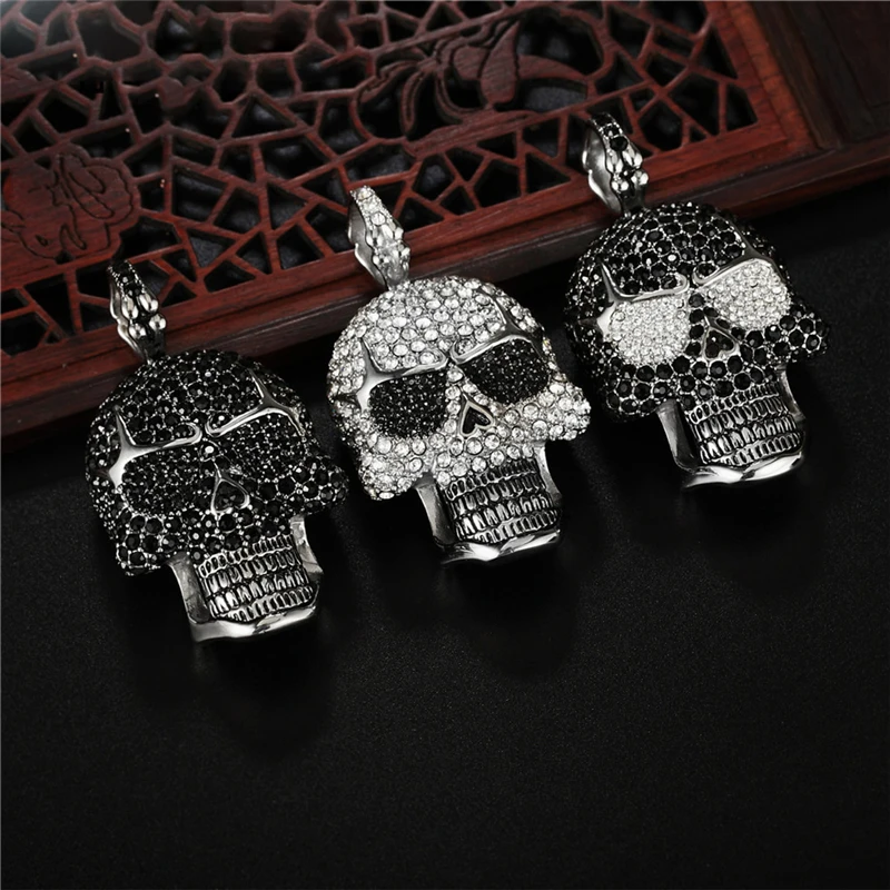 

Fashion Black Cubic Zirconia Skeleton Skull Pendant Luxury Designs Stainless Steel Chain Necklaces For Women Man Charm Jewelry