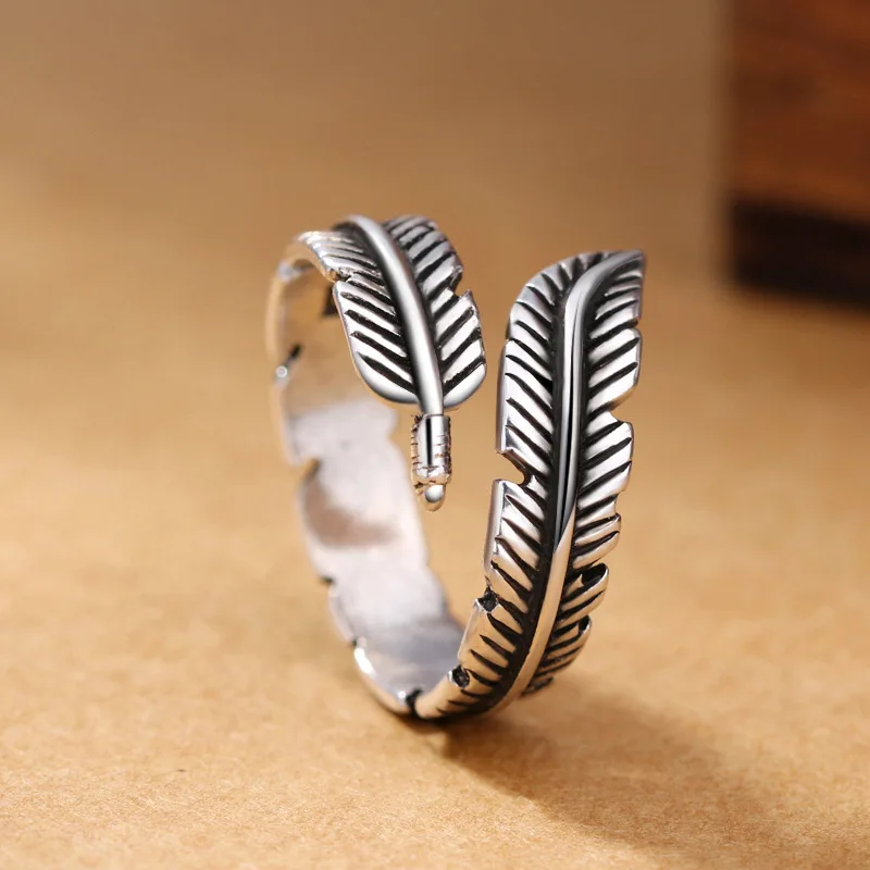 

925 Sterling Silver Creative Retro Feather Opening Ring European And American Women Thai Silver Antique Jewelry
