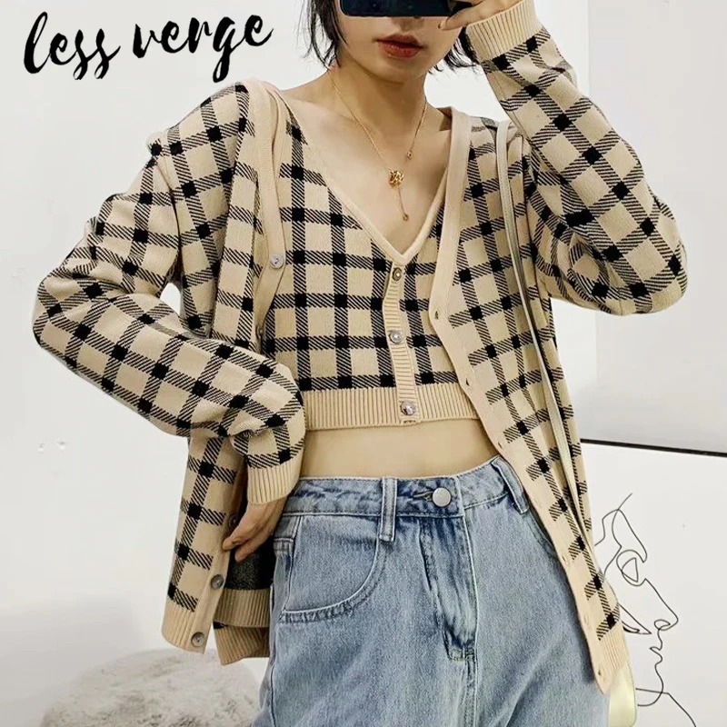 lessverge Casual yellow black plaid cardigan sweater Autumn winter 2 piece set tank crop top Knitted women korean mujer cami |