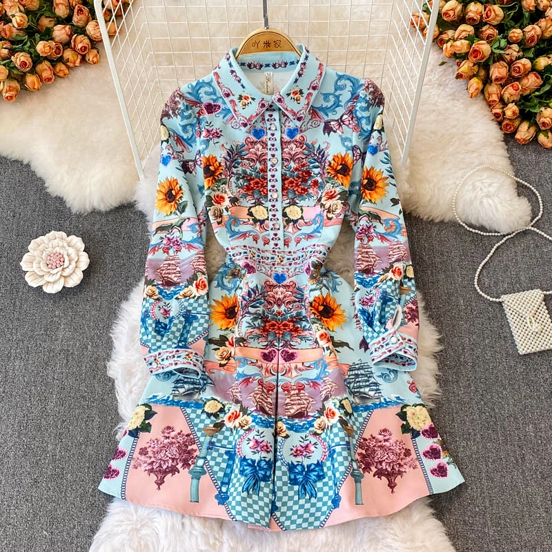 

Merchall Spring Autumn Flower Print Mini Dress Shirt Collar Long Pull Sleeve High Waist A Line Dress 2022 Women Clothing M61016