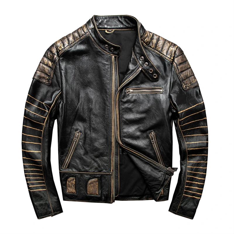 

2020 Vintage Black Men American Motorcycle Jacket Large Size XXXXXL Genuine Cowhide Autumn Slim Fit Biker's Leather Coat