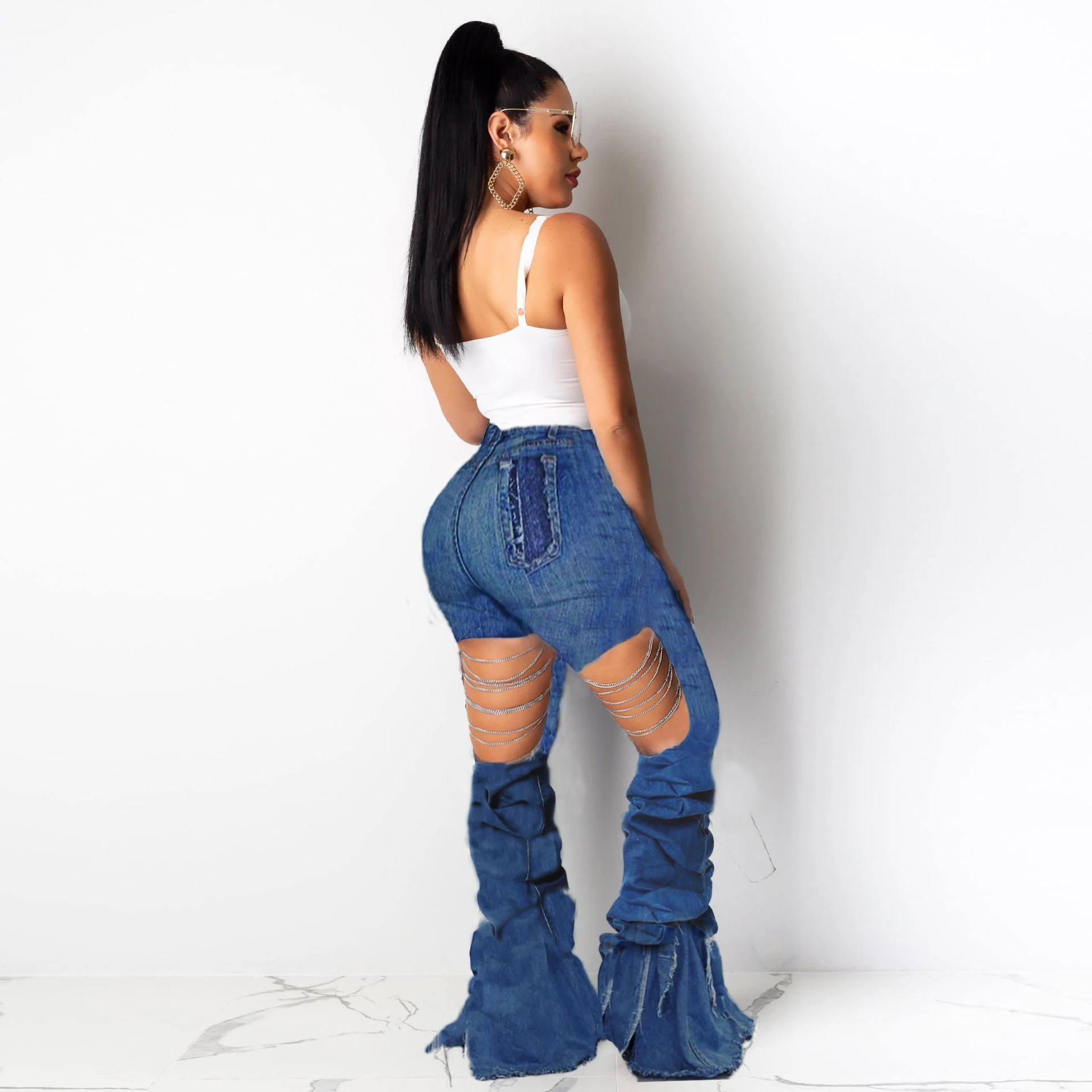 Wjustforu расклешенные женские джинсы с дырками сзади в стиле пэчворк обтягивающие