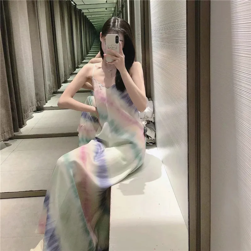 

Za Woman New Summer Dress 2021 Purple Long Dresses Women Casual Satin Tie Dye Sexy Backless Strap Beach Holiday Midi Dress