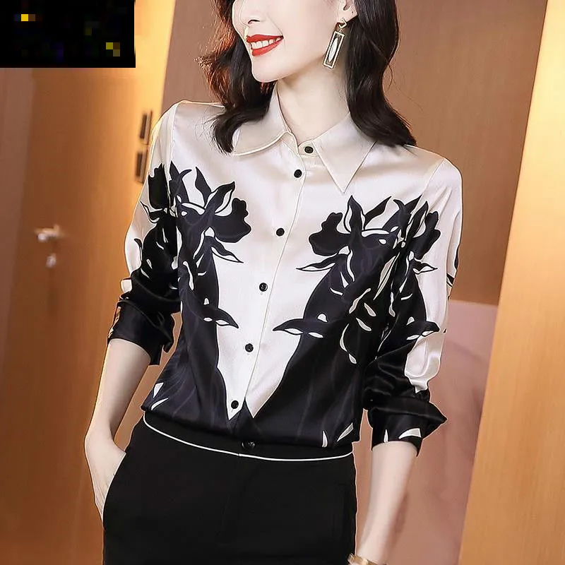 

2021 New Spring Autumn Women Chic Hit Color Long Sleeve Trousers Female Vintage Floral Printed Turn Down Collar Tops Shirts M148