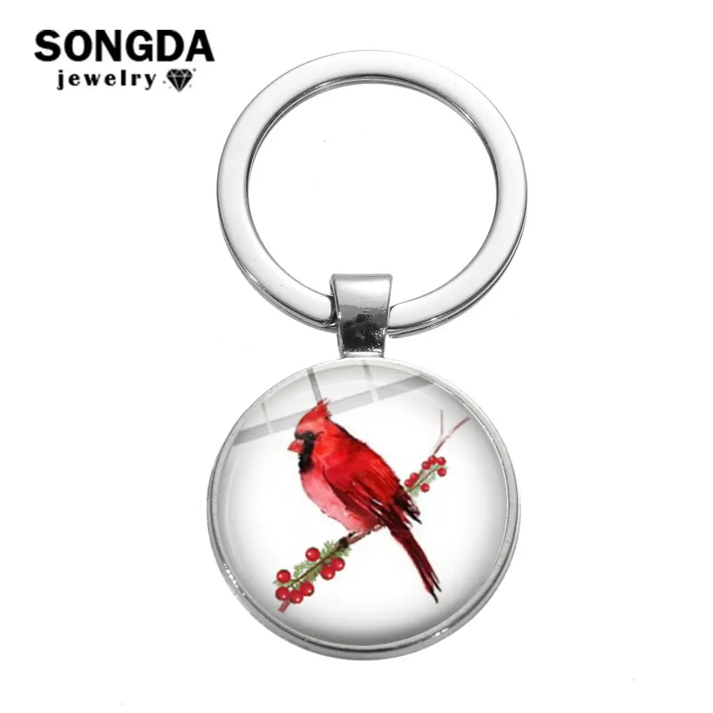 

SONGDA Northern Cardinal Bird Keychain Christmas Red Parrot Art Photo Glass Cabochon Key Chain Wallet Bag Charms Key Ring Holder