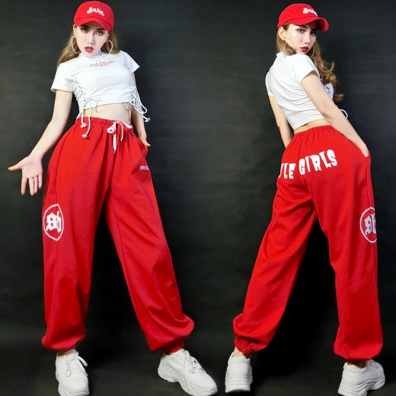 

Bar Party Showgirl Stage Costume Women Jazz Hip Hop Dance Clothes Festival Rave Outfits White Tops Red Casual Pants DNV15060