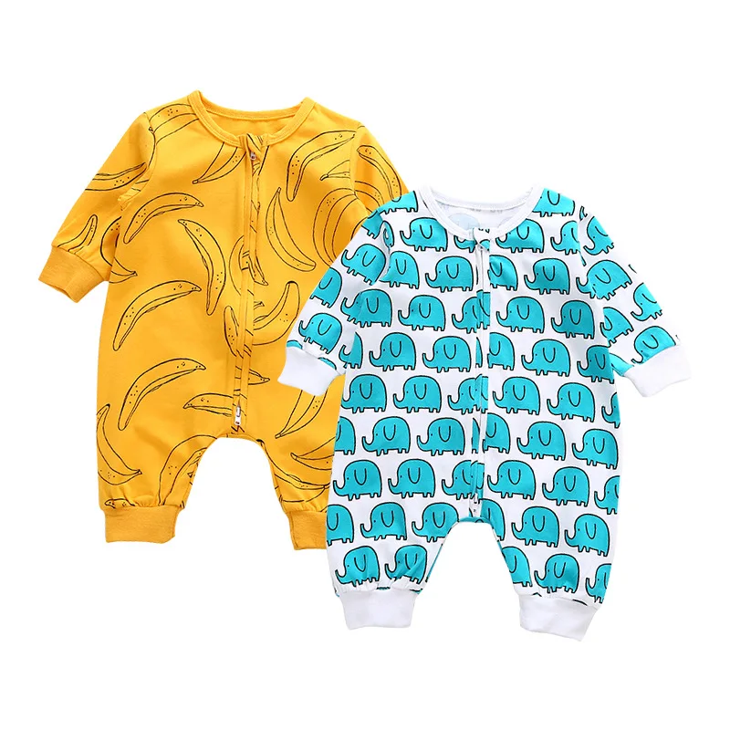 

2020 Spring Long Rompers For Newborns and Toddlers Longsleeve Blue Elephant Yellow Banana Pattern Costume Sleep and Playsuits