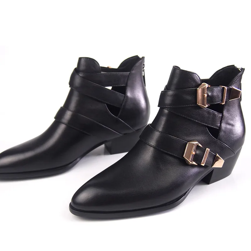 

HOT Spring/Autumn Genuine Leather Belt Buckle Ankle Boots Pointed Toe Women Boots Square Heel Shoes Metal Decoration
