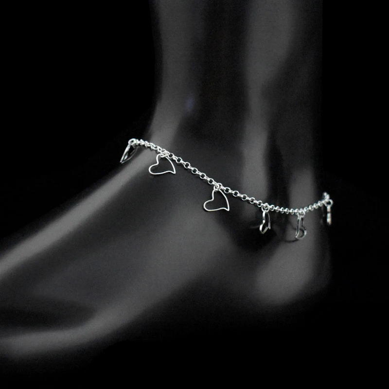 Женский браслет на ногу из стерлингового серебра 925 пробы с кулоном в виде сердца