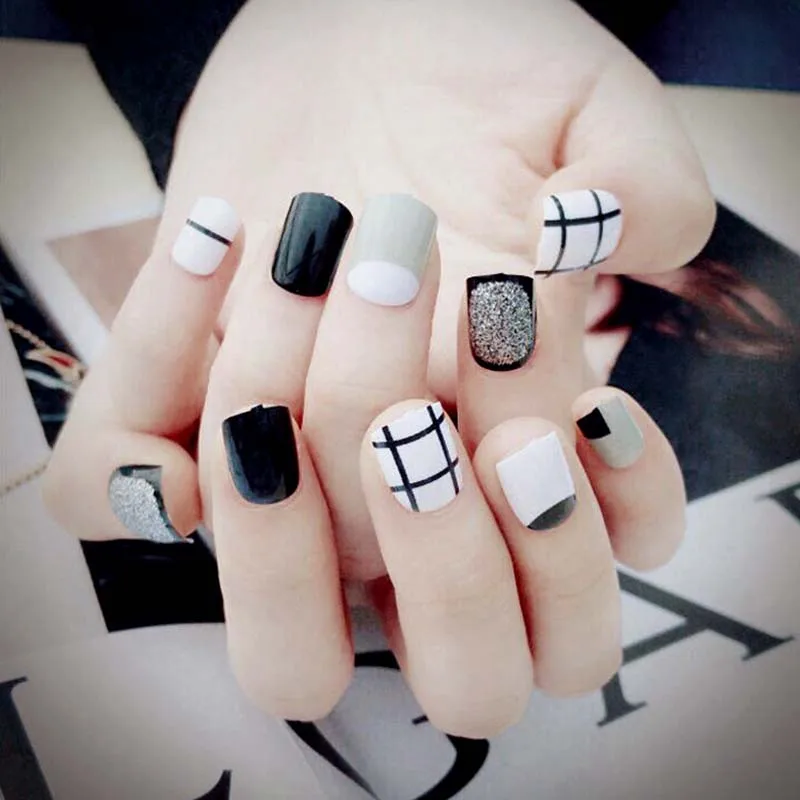 style7 24 шт./компл. для девочек с красивым рисунком сердца; Временные татуировки для ногтей "сделай сам", белая, серая, Цвет накладные ногти Короткие Размеры нейл-арта Пресс на Поддельные ногтей с клеем - Цвет: style7