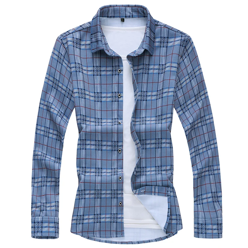 

Plaid New Men's Arrival Long Sleeve Shirt High Quality Casual Fashion Blue Shirts Cotton Clothing Big Size 5XL 6XL 7XL 9684