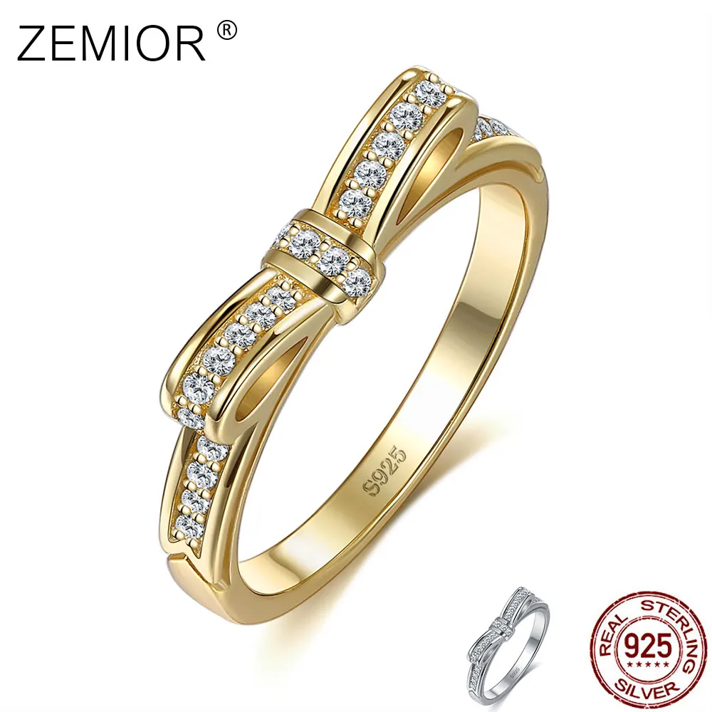 

ZEMIOR Sterling Silver 925 Rings For Women Kpop Cute Initial Bow-knot Ring Shining 5A Cubic Zirconia Female Fine Jewelry Gift