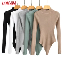 Tangada Women Solid Hollow Knit Playsuits Long Sleeve Stand Neck Rompers Ladies Sexy Chic Jumpsuits LK7