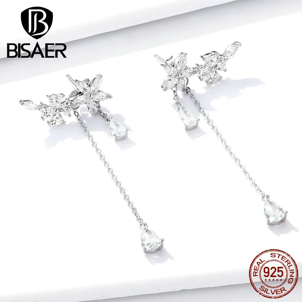 Цветущие серьги BISAER 925 пробы серебряные светящиеся Цветочные кубические циркониевые серьги-гвоздики для женщин ювелирные изделия из стерлингового серебра EFE288