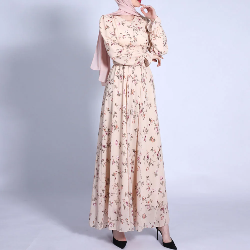

Muslim Spring Summer 2021 Fashion Temperament Floral Chiffon Women's Dress Tight High Waist Printing Round Neck Long Sleeve