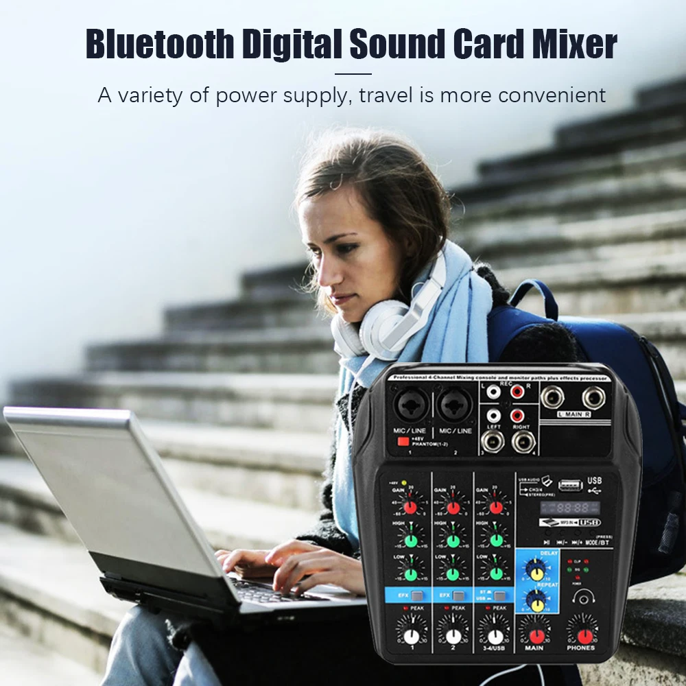 

Wireless 4 Channel Audio Mixer Portable Sound Mixing Console USB Interface MP3 Computer Input 48V Phantom Power Monitor for Home