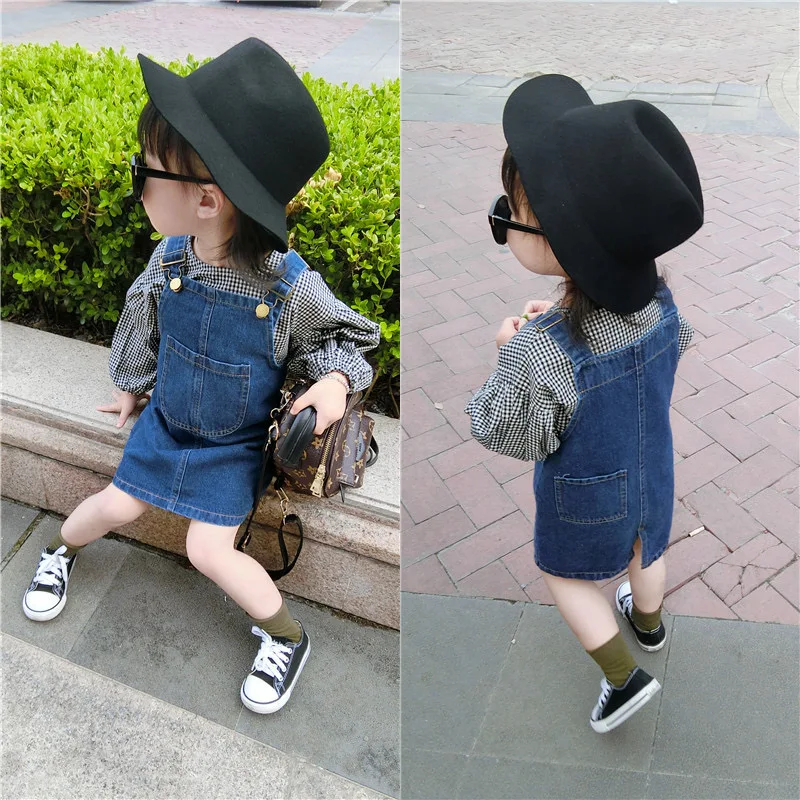 

2021 Spring and Autumn New Korean Girl Baby Plaid Top + Solid Color Strap Skirt Child Two-piece Suit Children's Clothing GT22