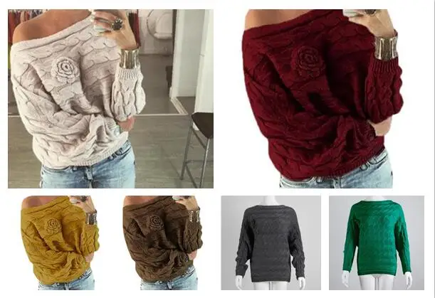 Женский трикотажный свитер с открытыми плечами однотонный свободный рукавами