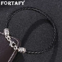 fortafy new style men leather bracelet simple black stainless steel lobster clasp hand woven women jewelry bangles gifts fr1095