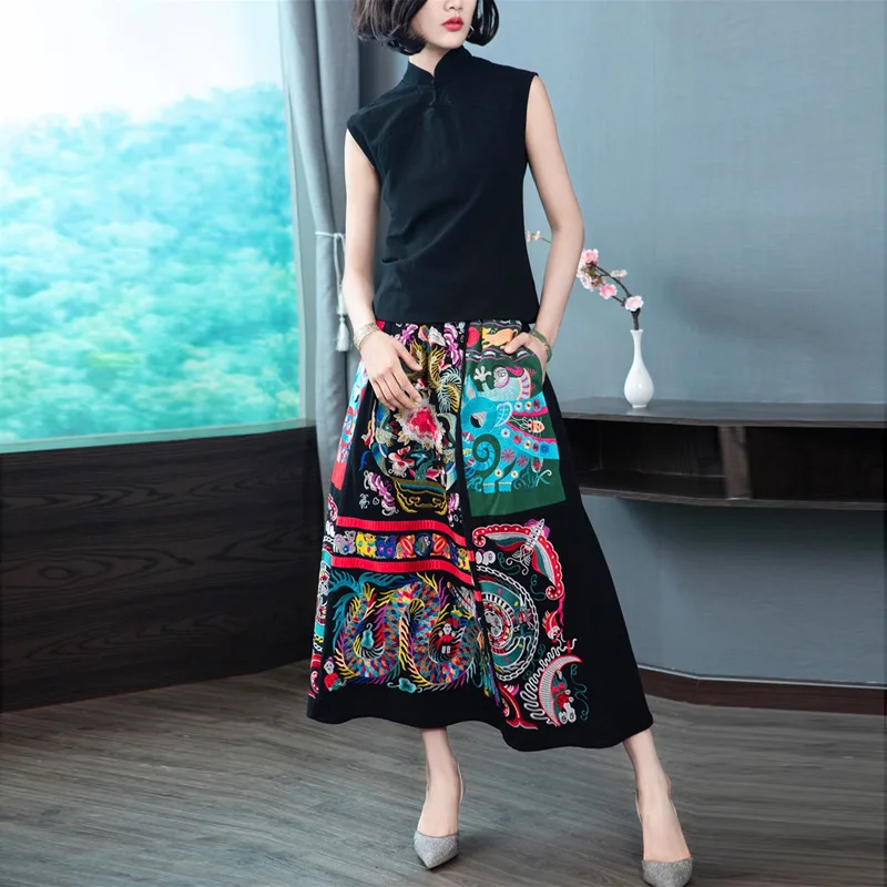 

Cotton Linen Women's Set Clothing Summer 2020 Plus Size Ladies Black Sleeveless Tops Blouse+Lurex Embroidery Vintage Long Skirt
