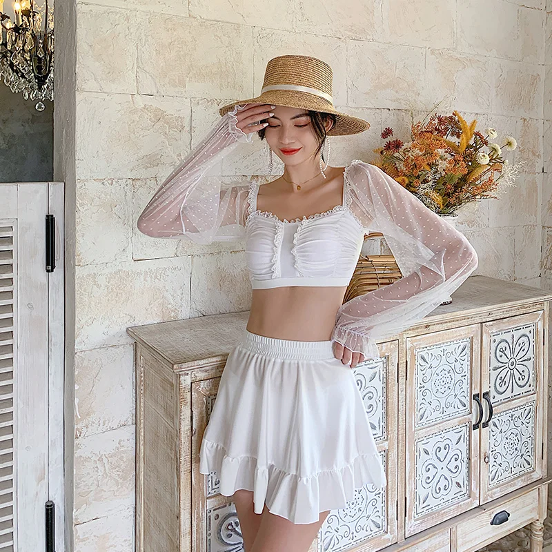 

Mesh Long Sleeve Bikinis Ruffle Push Up Swimwear White 3set Beach Bathing Suit Low Waist Trikini Biquini Skirted Beach Wear