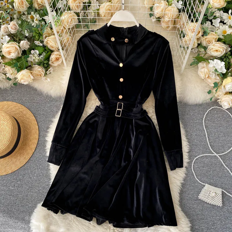 

Women's spring autumn vintage long sleeve velvet dress female halter neck slim A-line chic dress TB1092