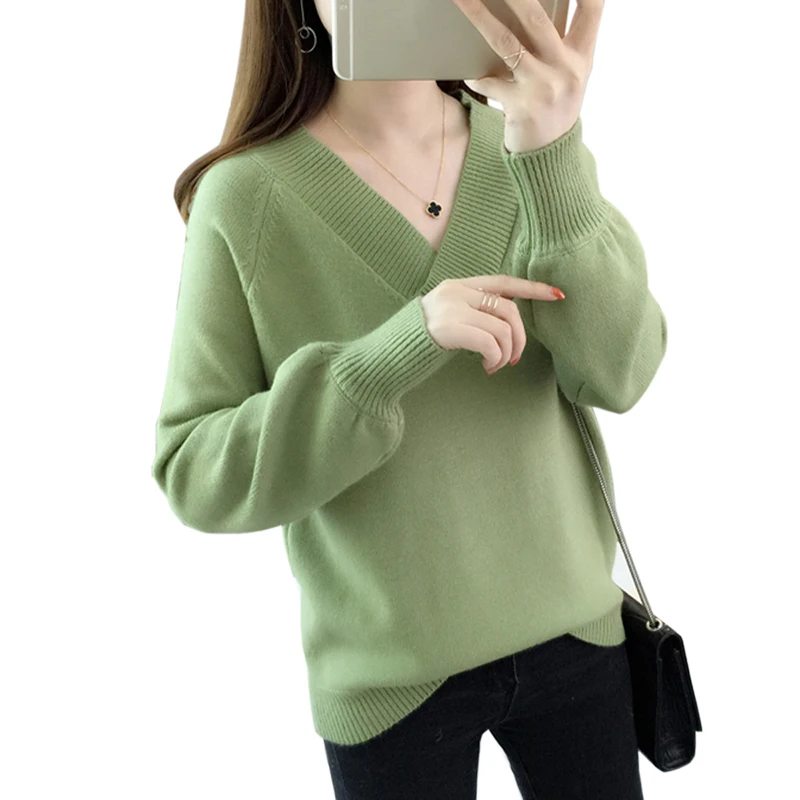 

Женский трикотажный свитер, с V-образным вырезом и рукавами-фонариками, Свободный пуловер, Осень-зима 9 видов цветов