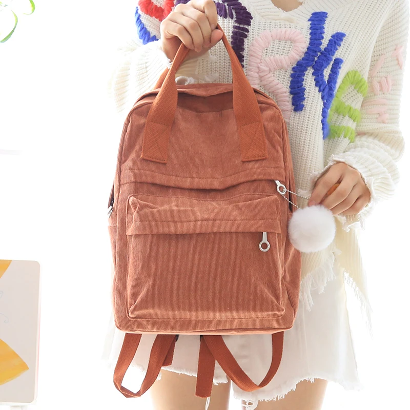 Женский вельветовый рюкзак atinfor однотонный с меховым шариком и защитой от кражи