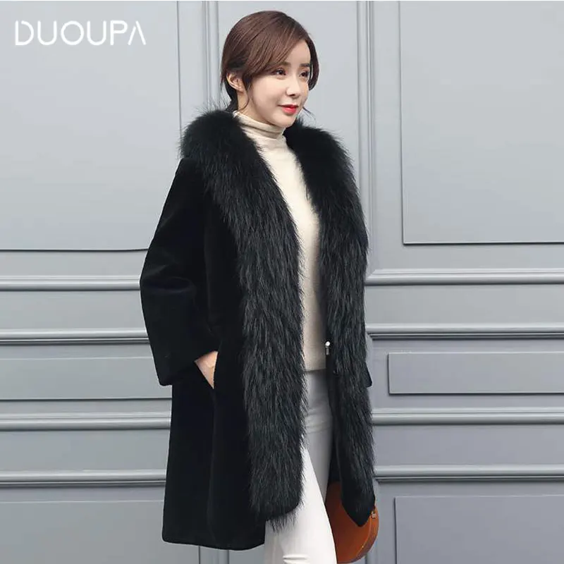 DUOUPA Женская куртка средней длины из овечьей шерсти новая с воротником из меха лисы енота длинная осенняя и зимняя модная теплая шерстяная шуба