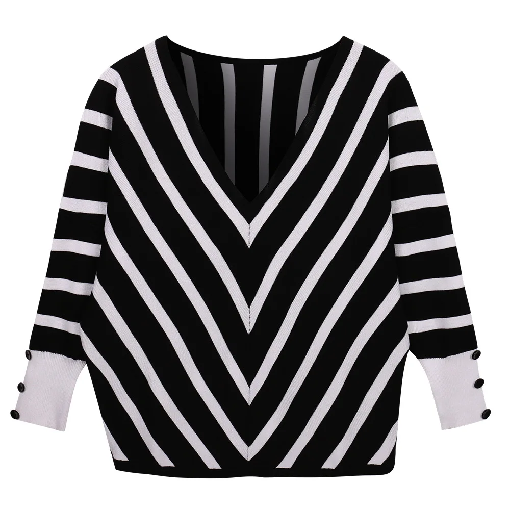 

Autumn Women Striped Knitted Sweater Sexy Off Shoulder Deep V-Neck Long Sleeve Black Sweater Woman Casual Loose White Sweaters