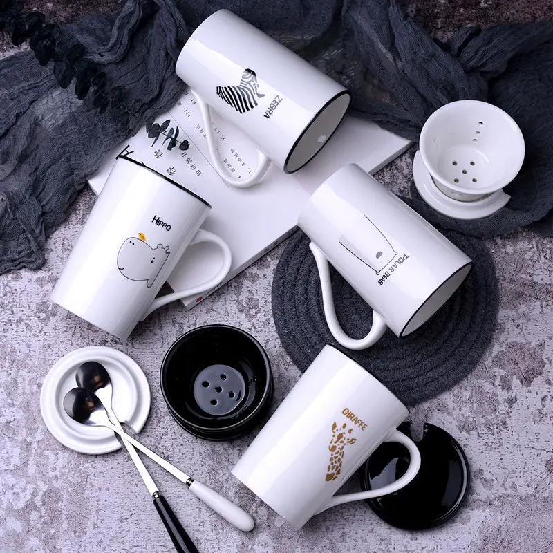 

Креативная кружка, простая и милая кружка для пары, фильтр с крышкой, ложкой, чайная чашка, бытовая керамическая кружка, керамические кружки,...