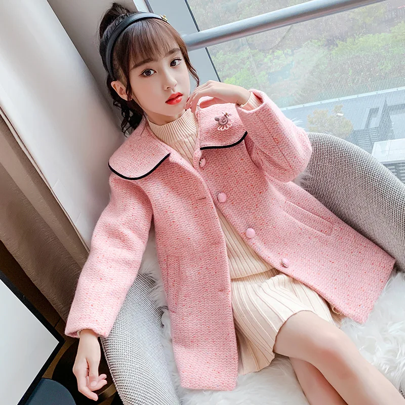 Плотное пальто для девочек однотонная длинная куртка из смесовой шерсти детская