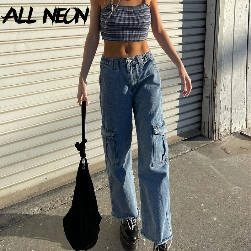 

ALLNeon Y2K Streetwear Retro Low Rise Jeans Baggy Vintage 90s Indie Big Pockets Wide-Leg Full Length Blue Denim Pants Autumn New