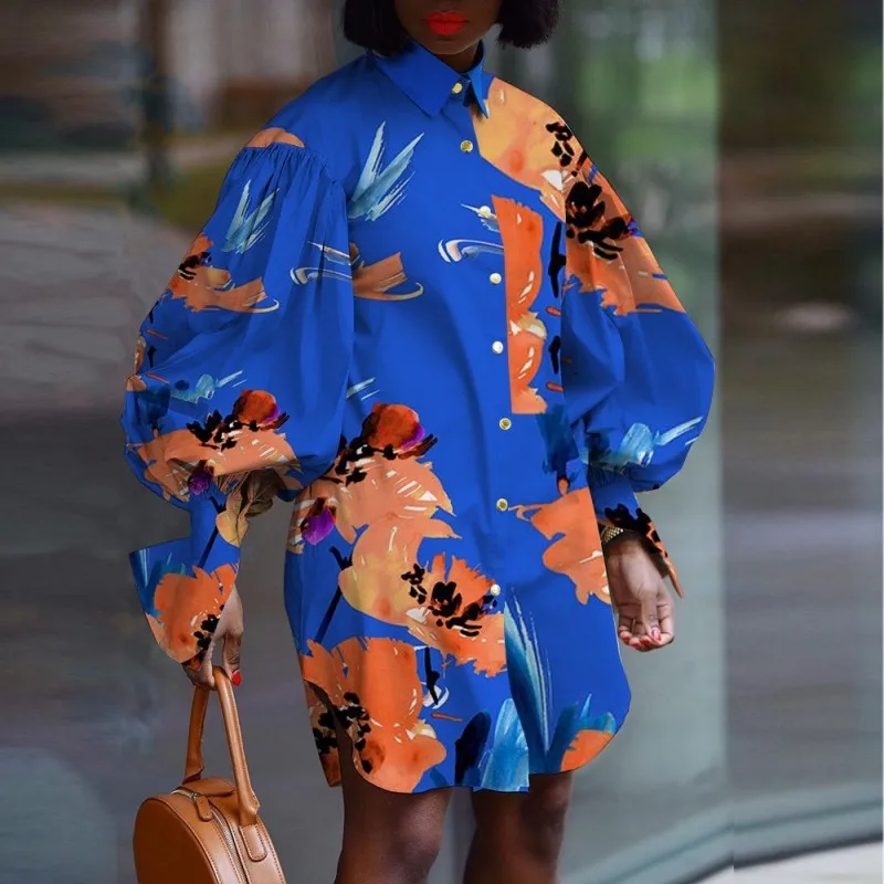 

African Blouse Dress Women Fashion Lantern Sleeve Knee Length Summer New Floral Print Streetwear African Dress Robe 2021 Elegant