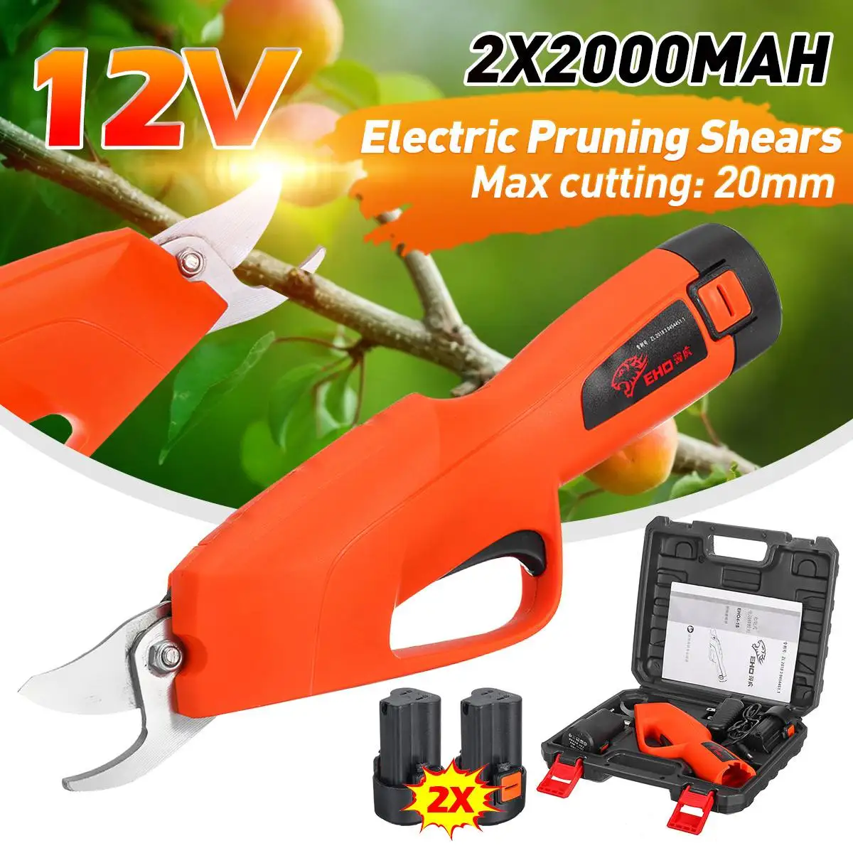 (2pcs Battery) 12V Rechargeable Fruit Tree Scissors Lithium Electric Pruning Garden Gardening Branches Scissors Tool