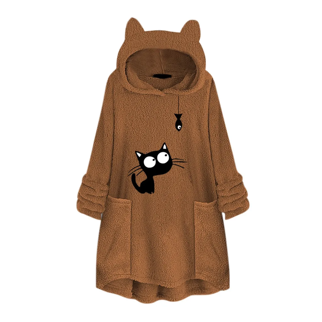 Женская флисовая вышивка кошачьими ушками размера плюс толстовка с капюшоном с карманом Топ Блузка с кошачьими ушками толстовка с капюшоном