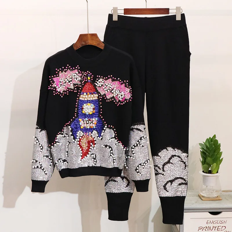 

Europe and The United States 2021 Autumn and Winter New Sequins Beaded Long-sleeved Loose Tops Knit Suit Women COTTON